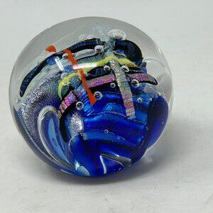 Schuster Glass Studios Art Glass Paperweight Metallic Colors & Clear Bubbles